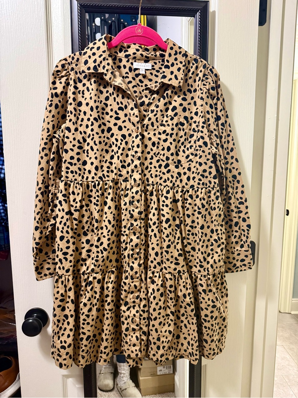 Women's Tan & Black Spotted Tiered Mini Dress Petite